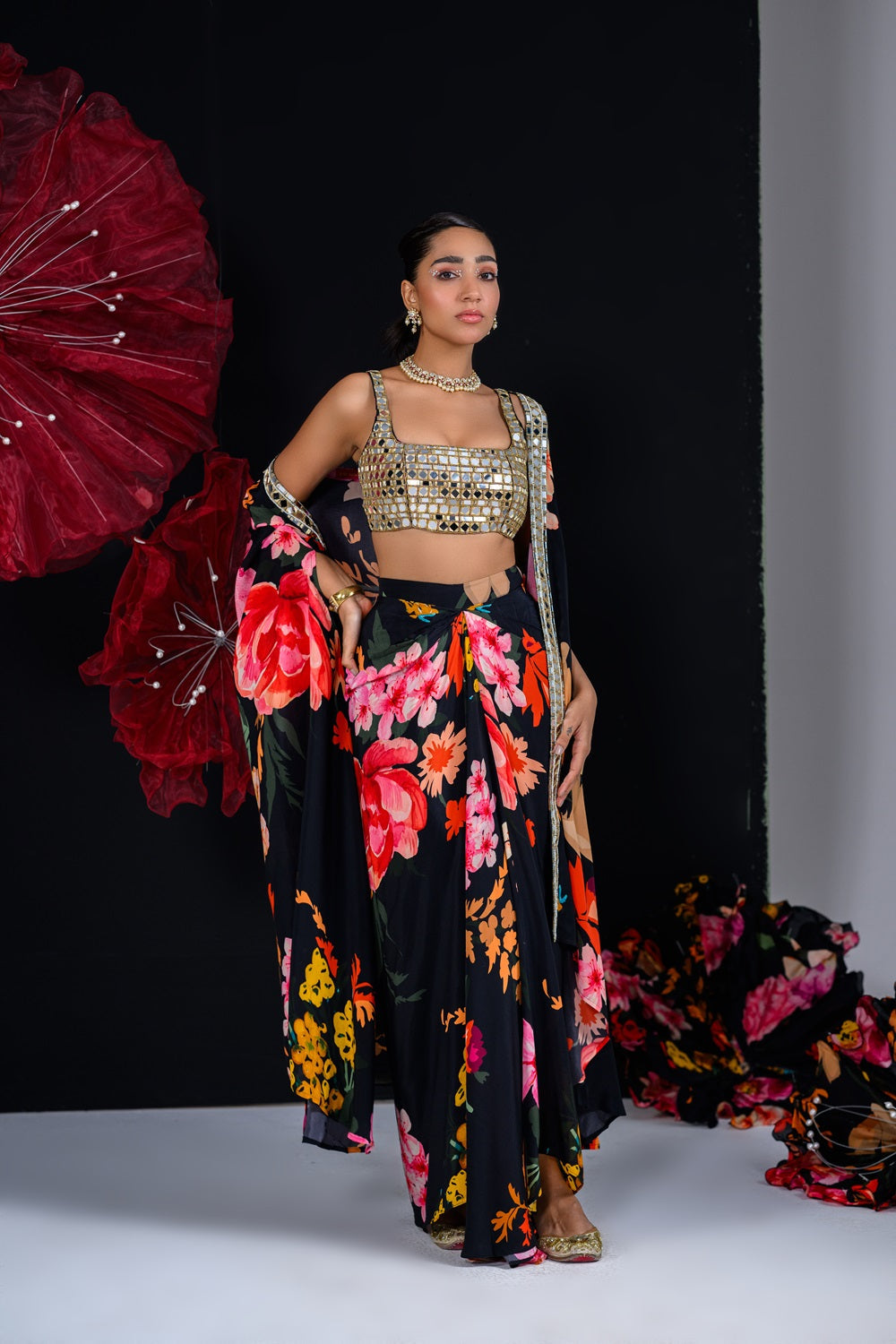 Ebony dhoti skirt set with embroidered bralette