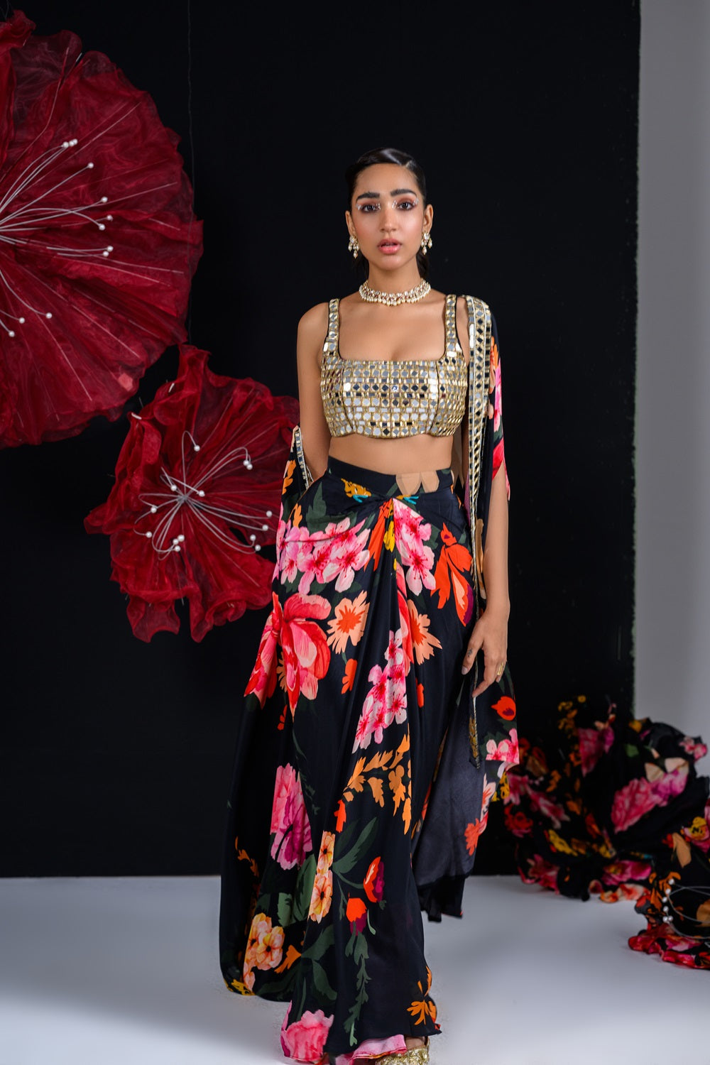 Ebony dhoti skirt set with embroidered bralette