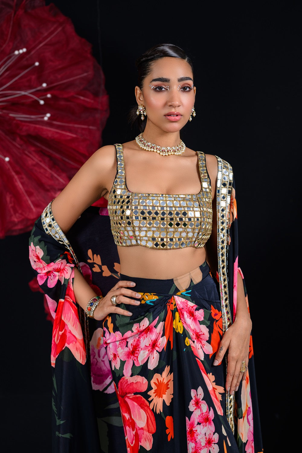 Ebony dhoti skirt set with embroidered bralette