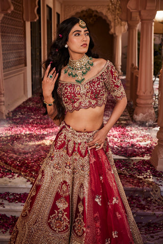 Red heavily embroidered lehenga