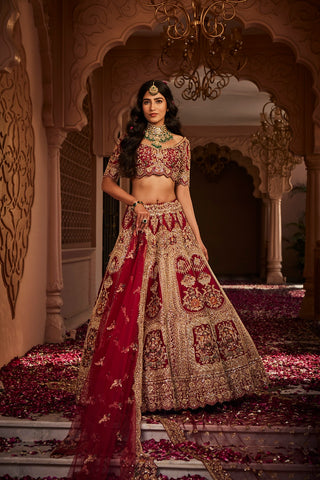 Red heavily embroidered lehenga