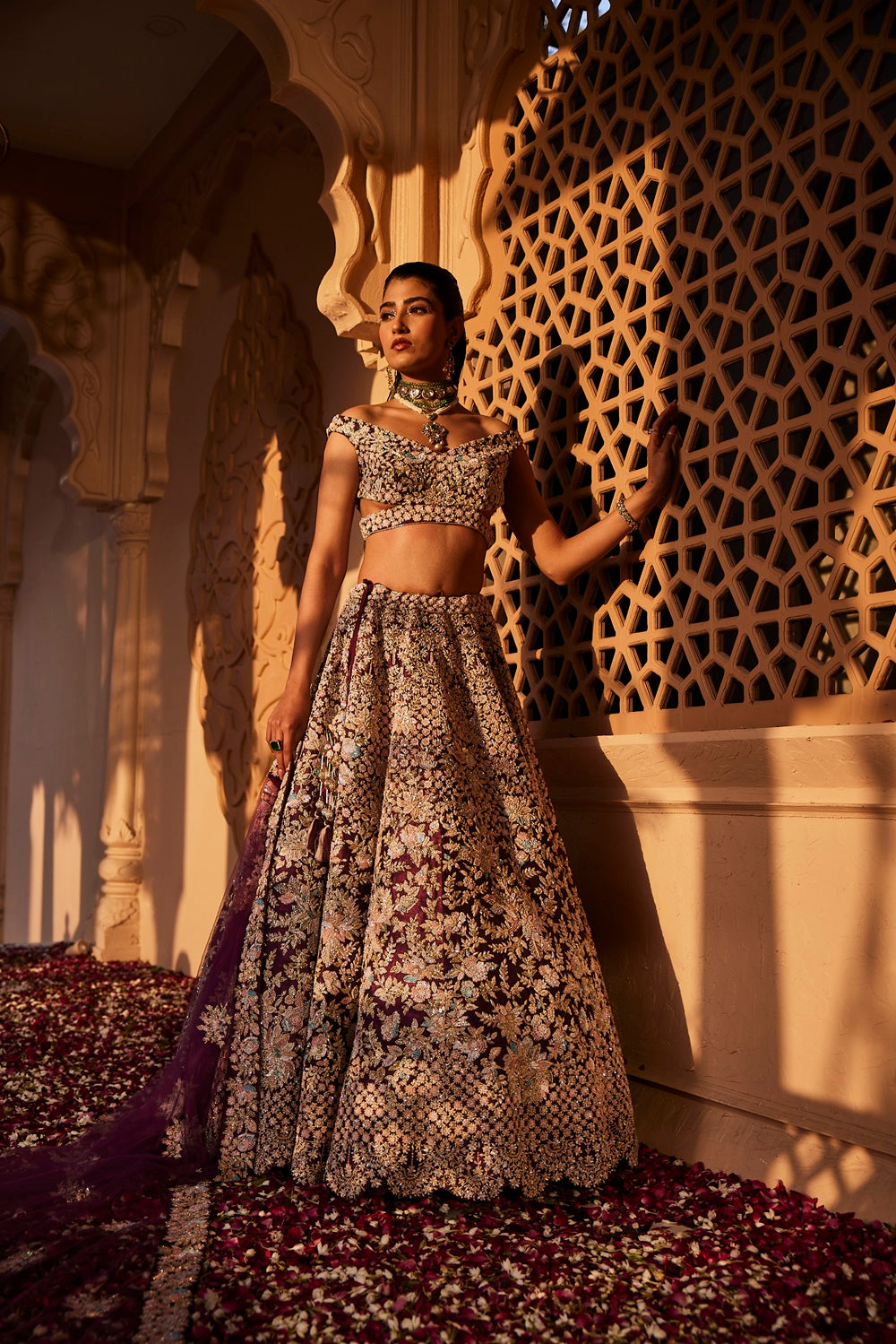 Wine rawsilk hand embroidered lehenga