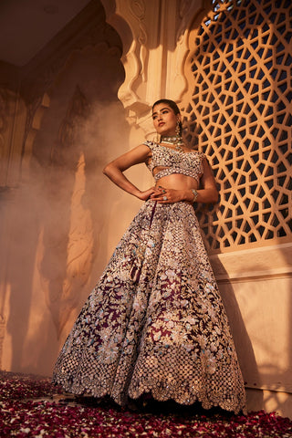 Wine rawsilk hand embroidered lehenga