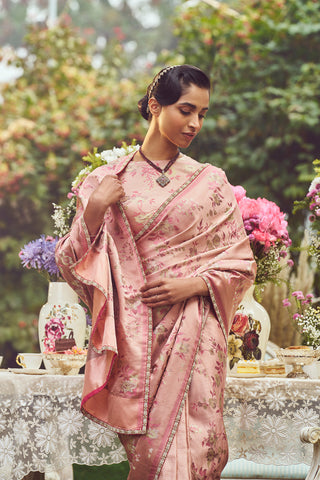 'Madam Bovary' Tanchoi Half-n-Half Handloom Sari with Embroidered Border