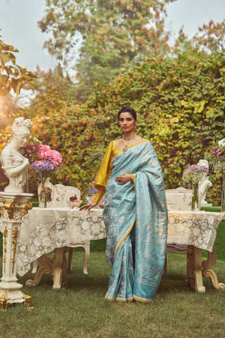 'Florence' Damask Zari Handloom Sari with all over Embroidery