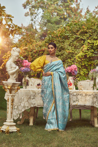 'Florence' Damask Zari Handloom Sari with all over Embroidery