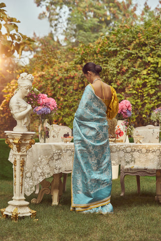 'Florence' Damask Zari Handloom Sari with all over Embroidery