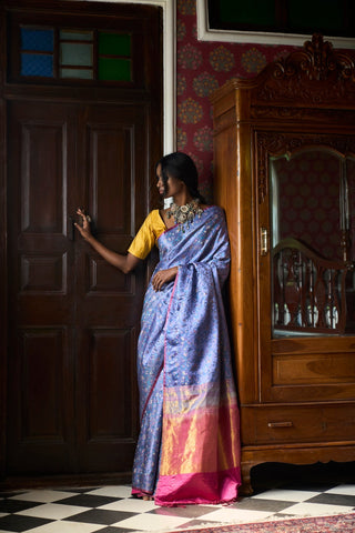 'Pushpavali' Neel Tanchoi Benarasi Handloom Sari