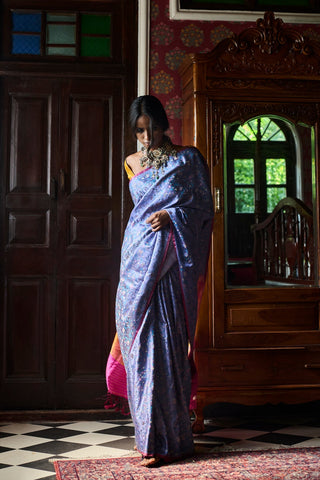 'Pushpavali' Neel Tanchoi Benarasi Handloom Sari