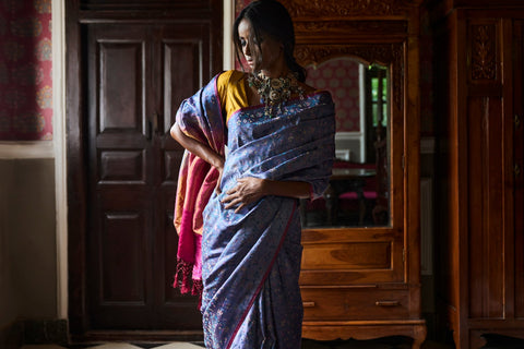 'Pushpavali' Neel Tanchoi Benarasi Handloom Sari