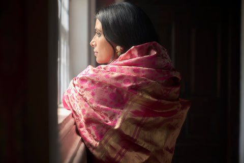 'Natkhat Chiraiya' Gulabi Tanchoi  Benarasi Handloom Sari