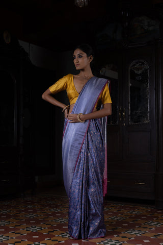 'Pushp Rekha' Neeli Tanchoi Zari Pure Silk Benarasi Handloom Sari