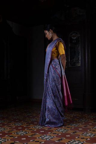 'Pushp Rekha' Neeli Tanchoi Zari Pure Silk Benarasi Handloom Sari