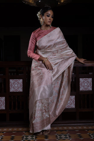 'Jaal Manjari' Shwet Jangla Benarasi Handloom Sari