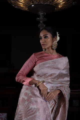 'Jaal Manjari' Shwet Jangla Benarasi Handloom Sari