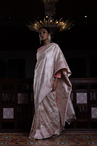 'Jaal Manjari' Shwet Jangla Benarasi Handloom Sari