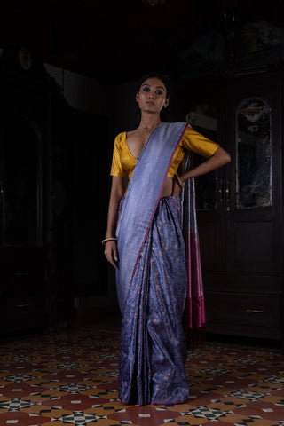 'Pushp Rekha' Neeli Tanchoi Zari Pure Silk Benarasi Handloom Sari