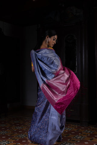 'Pushp Rekha' Neeli Tanchoi Zari Pure Silk Benarasi Handloom Sari