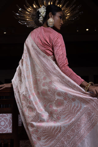 'Jaal Manjari' Shwet Jangla Benarasi Handloom Sari