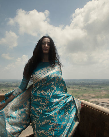 'Jaal Manjari' Firozi Jangla Zari Pure Silk Benarasi Handloom Sari