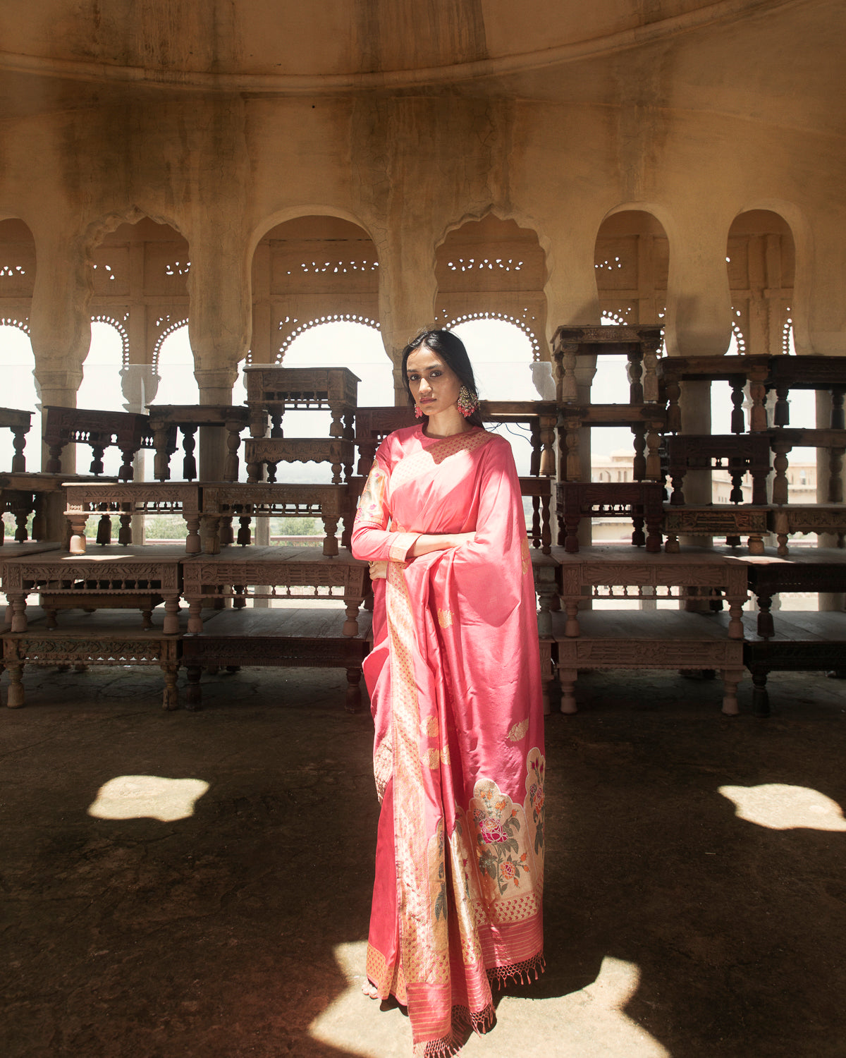 'Mehrab Gulab' Gulabi Kadhua Benarasi Handloom Sari