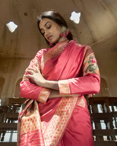 'Mehrab Gulab' Gulabi Kadhua Benarasi Handloom Sari