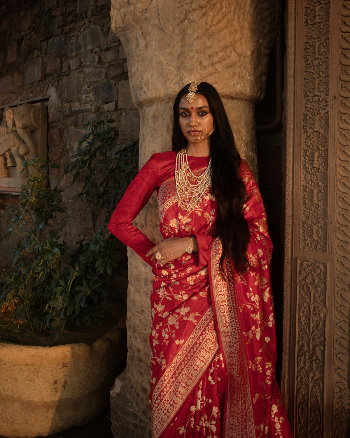 'Indra Ki Pari' Laali Jangla Zari Pure Silk Benarasi Handloom Sari