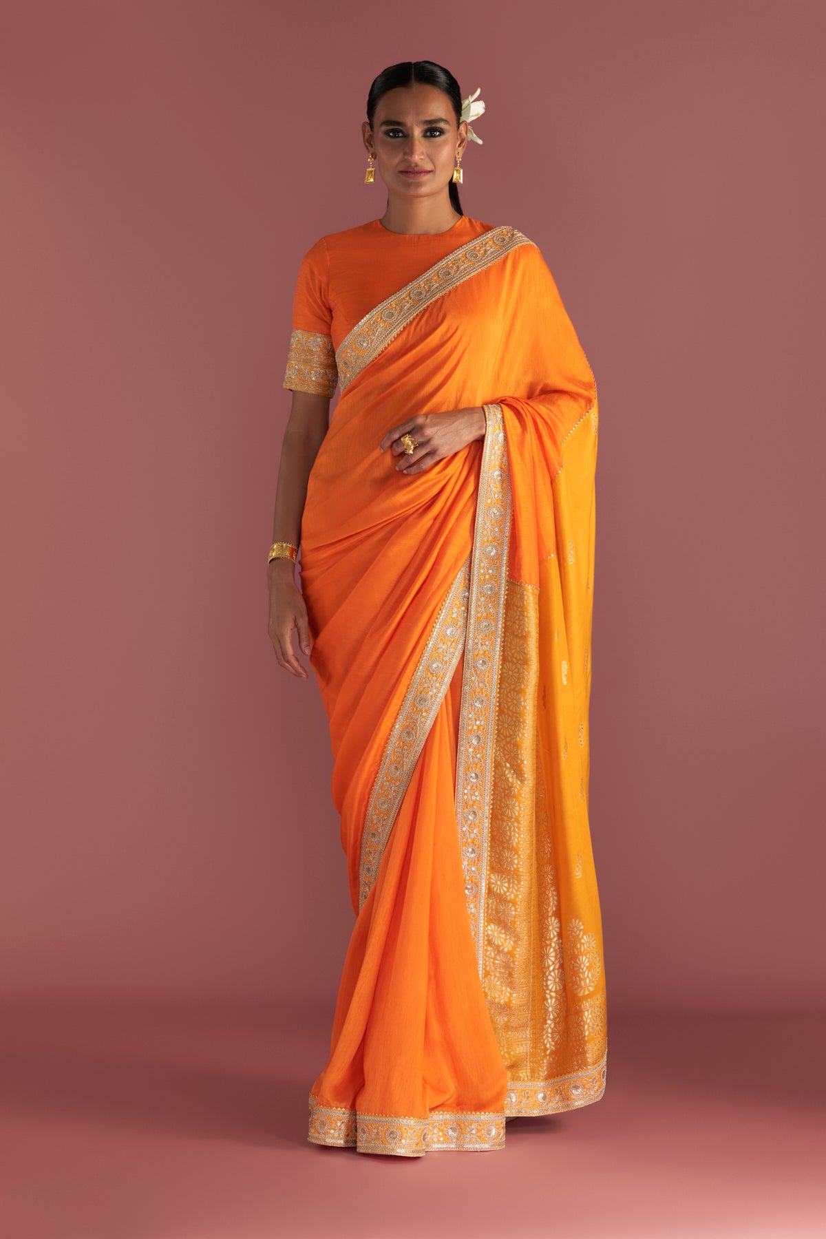 ORANGE COLOUR-BLOCK BROCADE SAREE