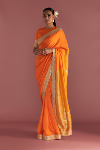 ORANGE COLOUR-BLOCK BROCADE SAREE