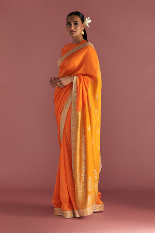 ORANGE COLOUR-BLOCK BROCADE SAREE