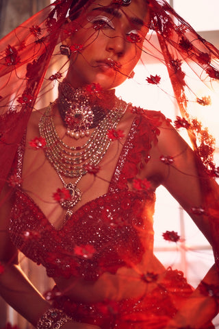 Red heavily embroidered lehenga