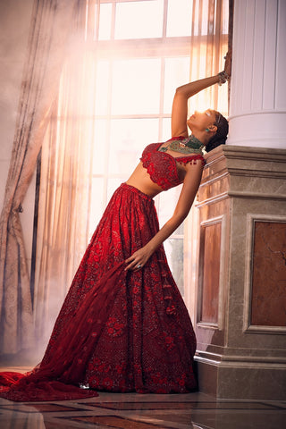 Red heavily embroidered lehenga