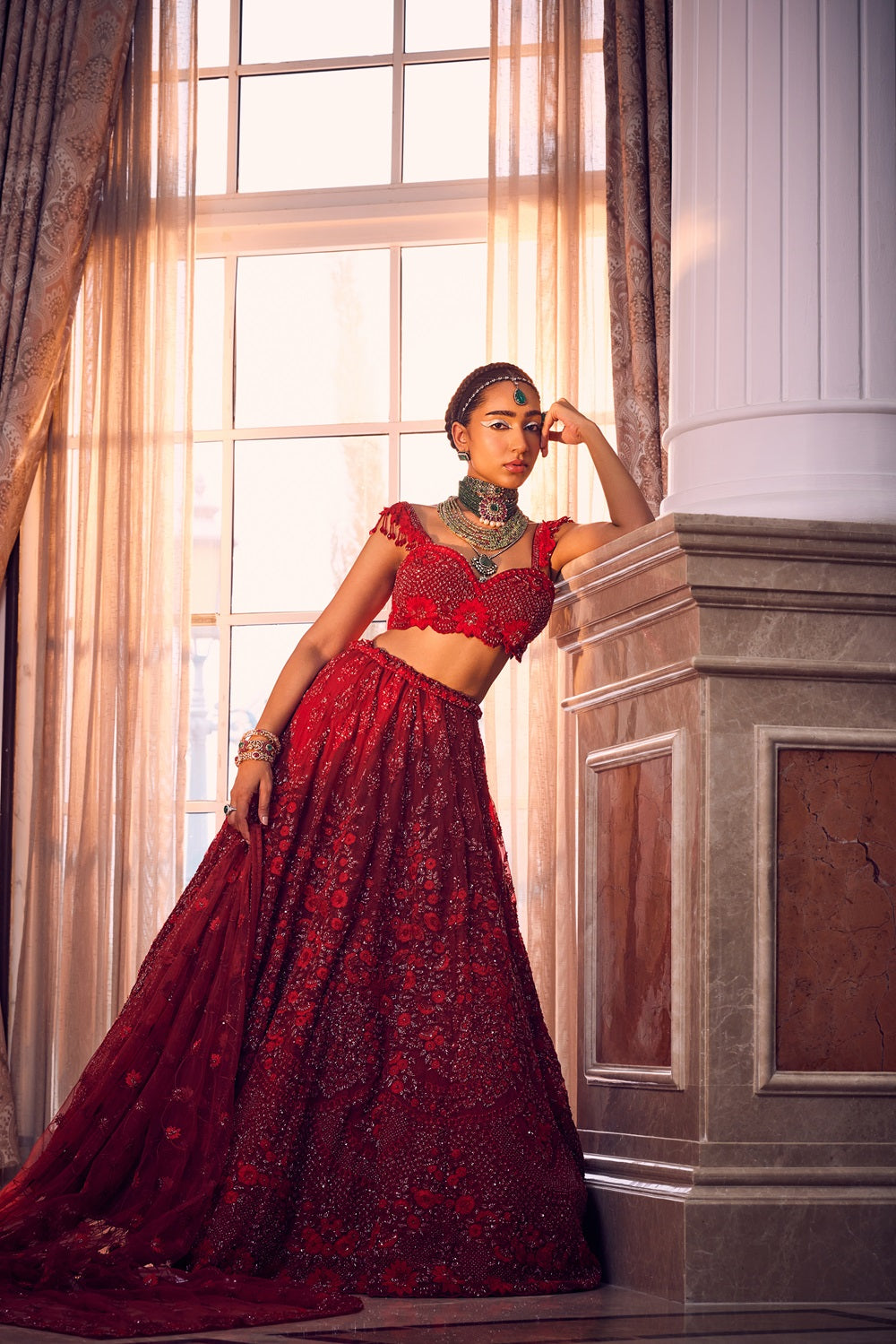 Red heavily embroidered lehenga