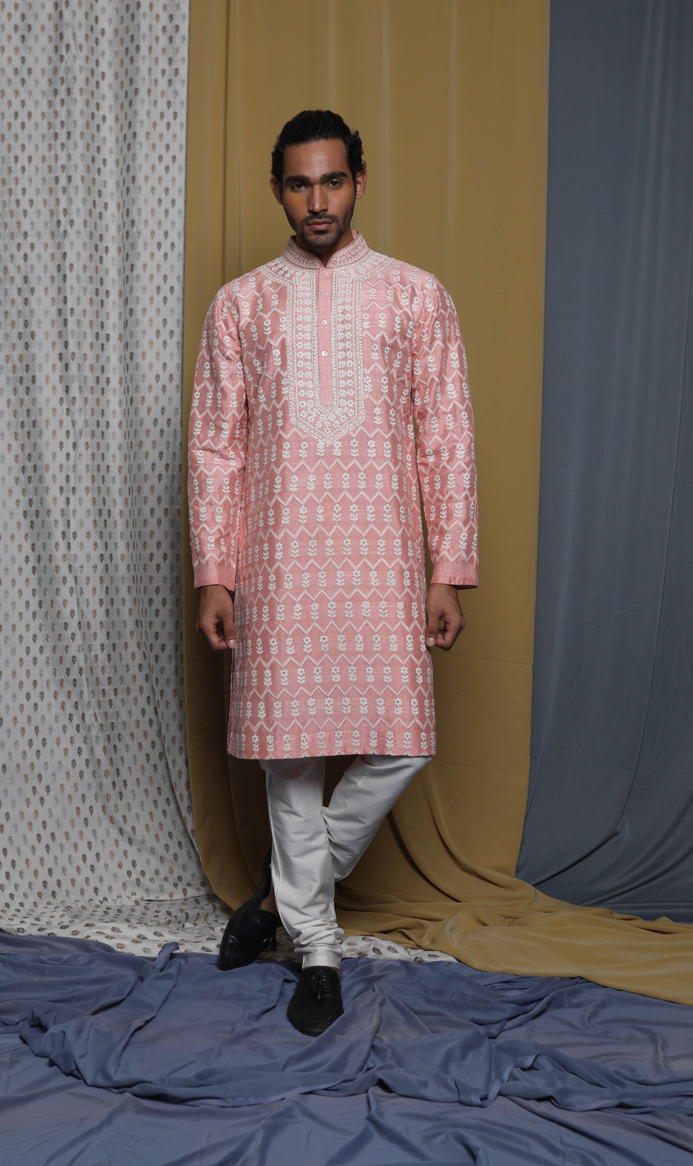 Pink all over emb kurta