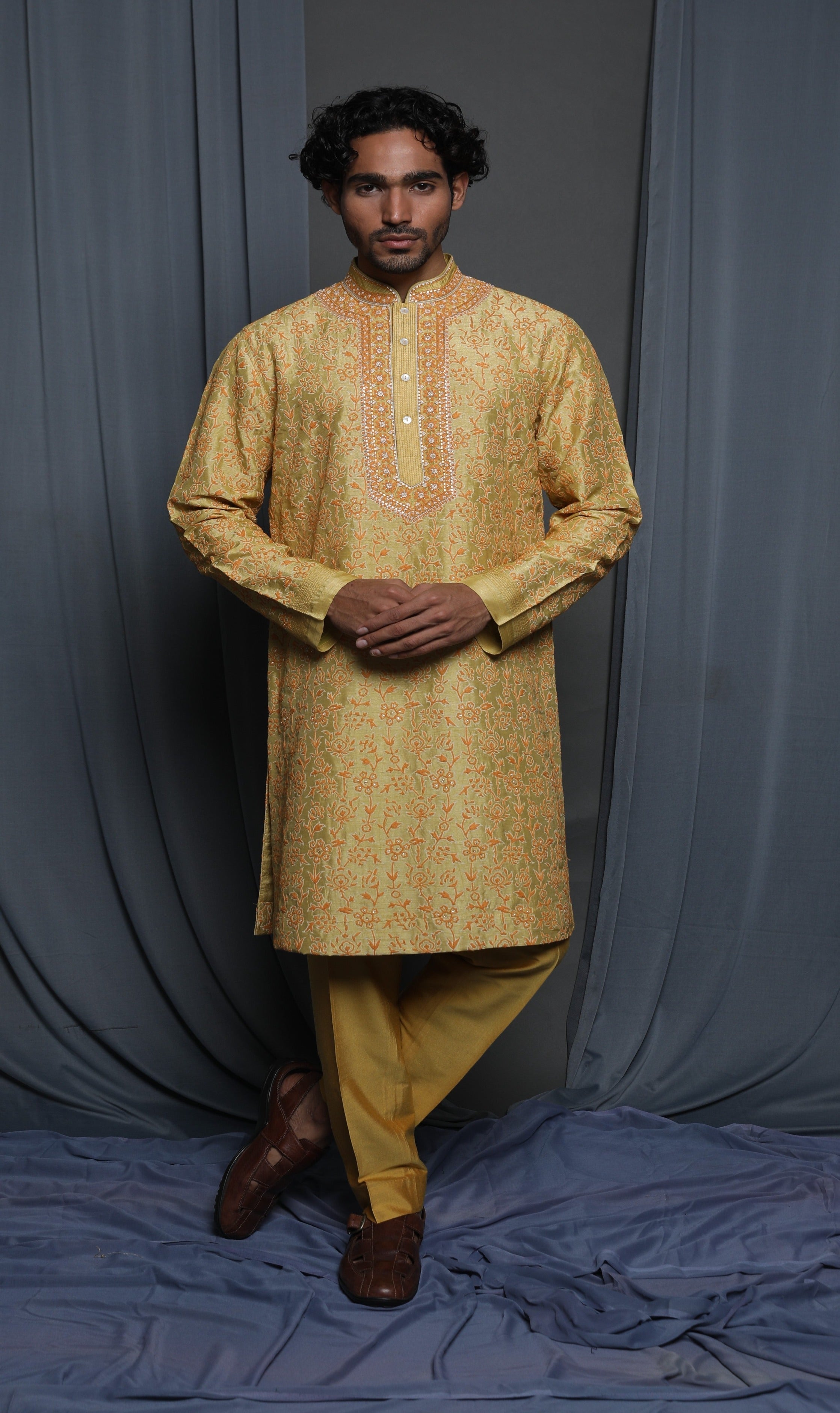 Mustard all over emb kurta