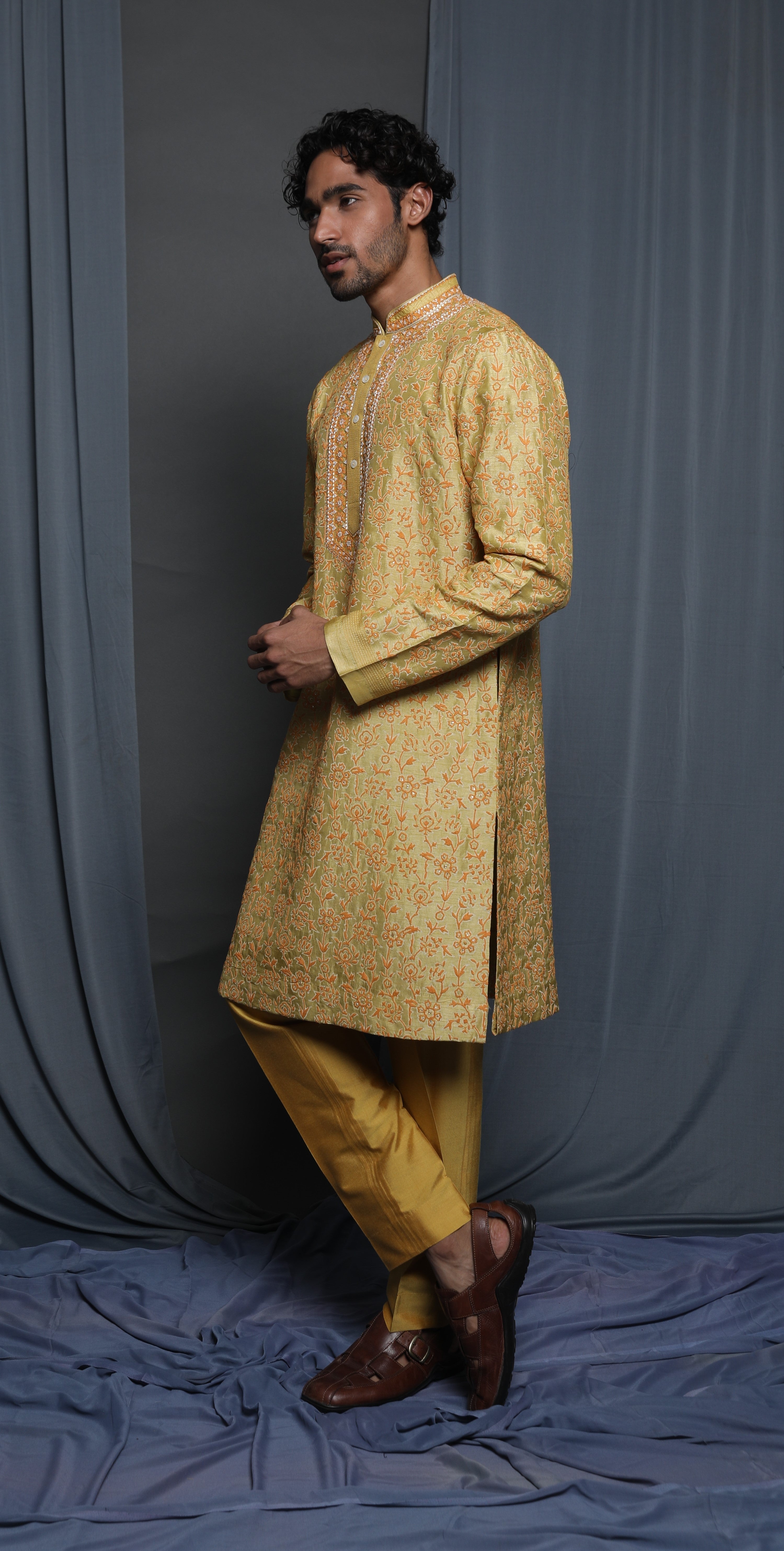 Mustard all over emb kurta