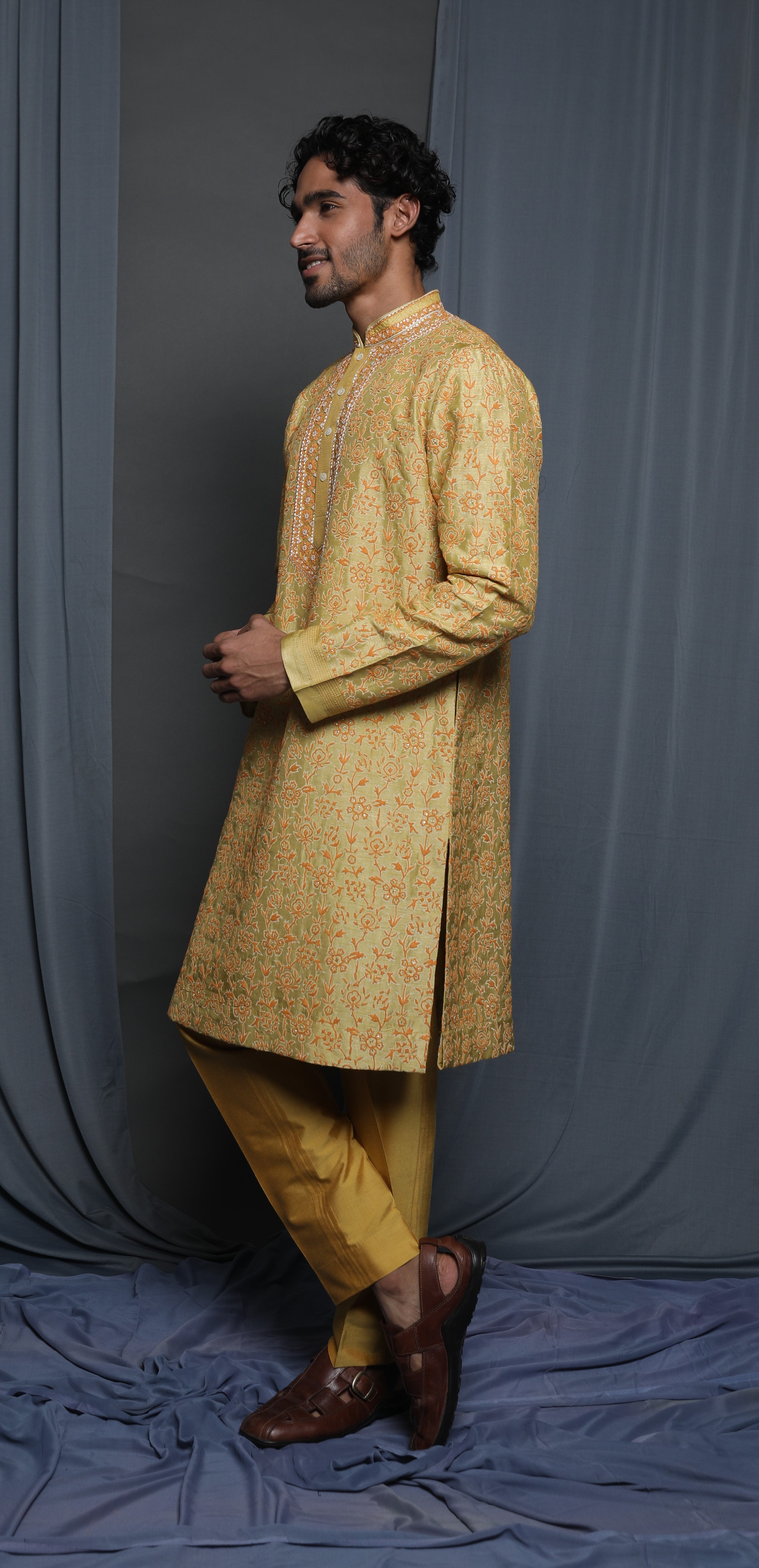 Mustard all over emb kurta