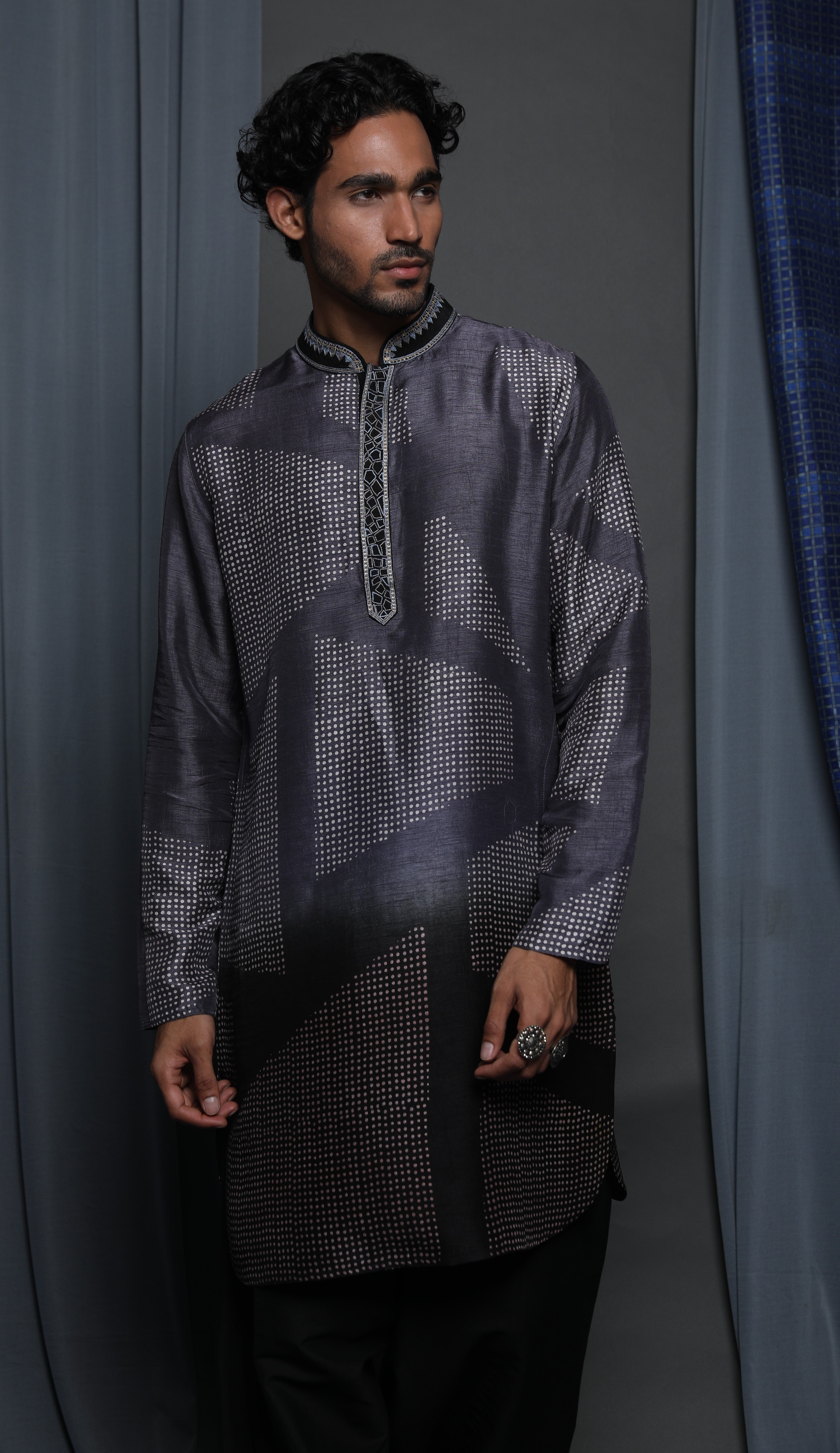 Grey black shaded printed kurta