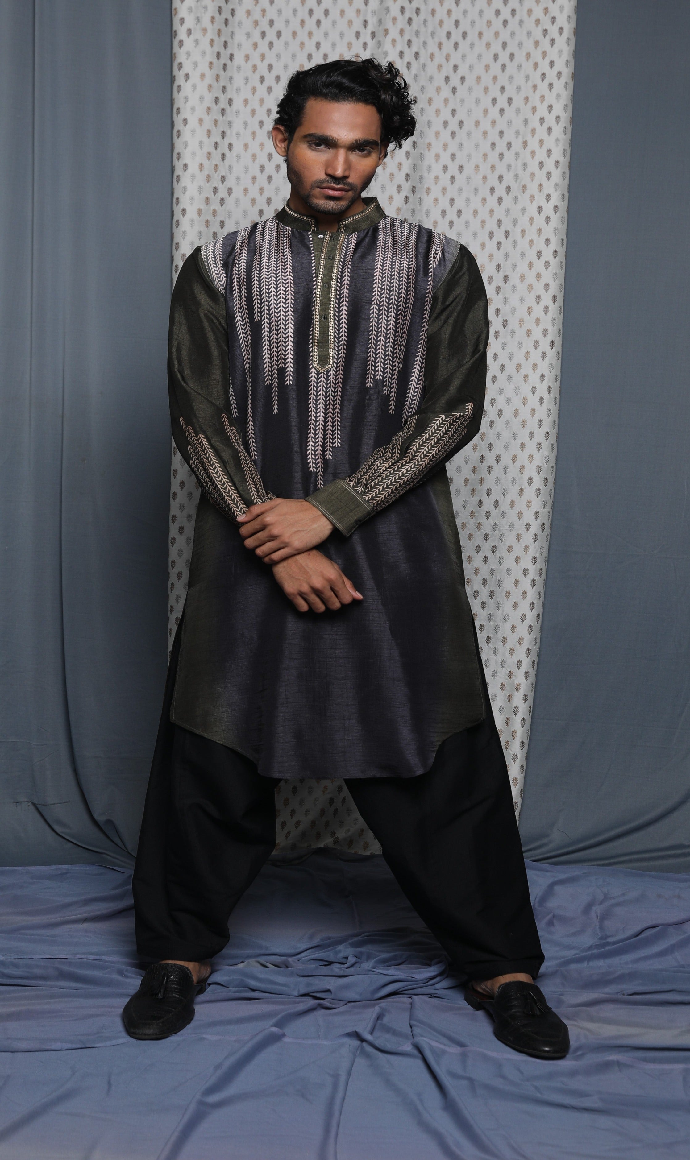 Olive grey shaded printed kurta