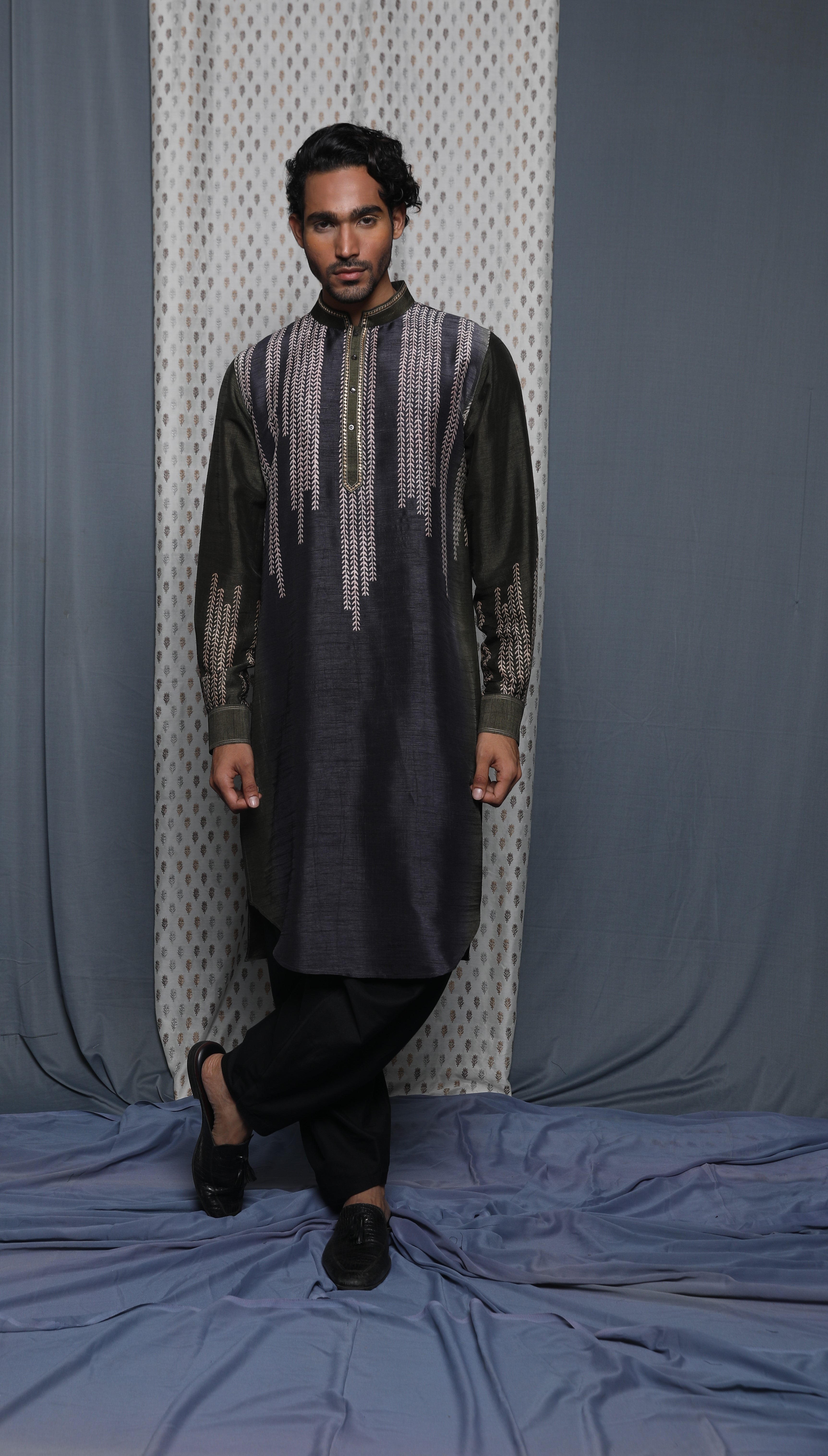 Olive grey shaded printed kurta