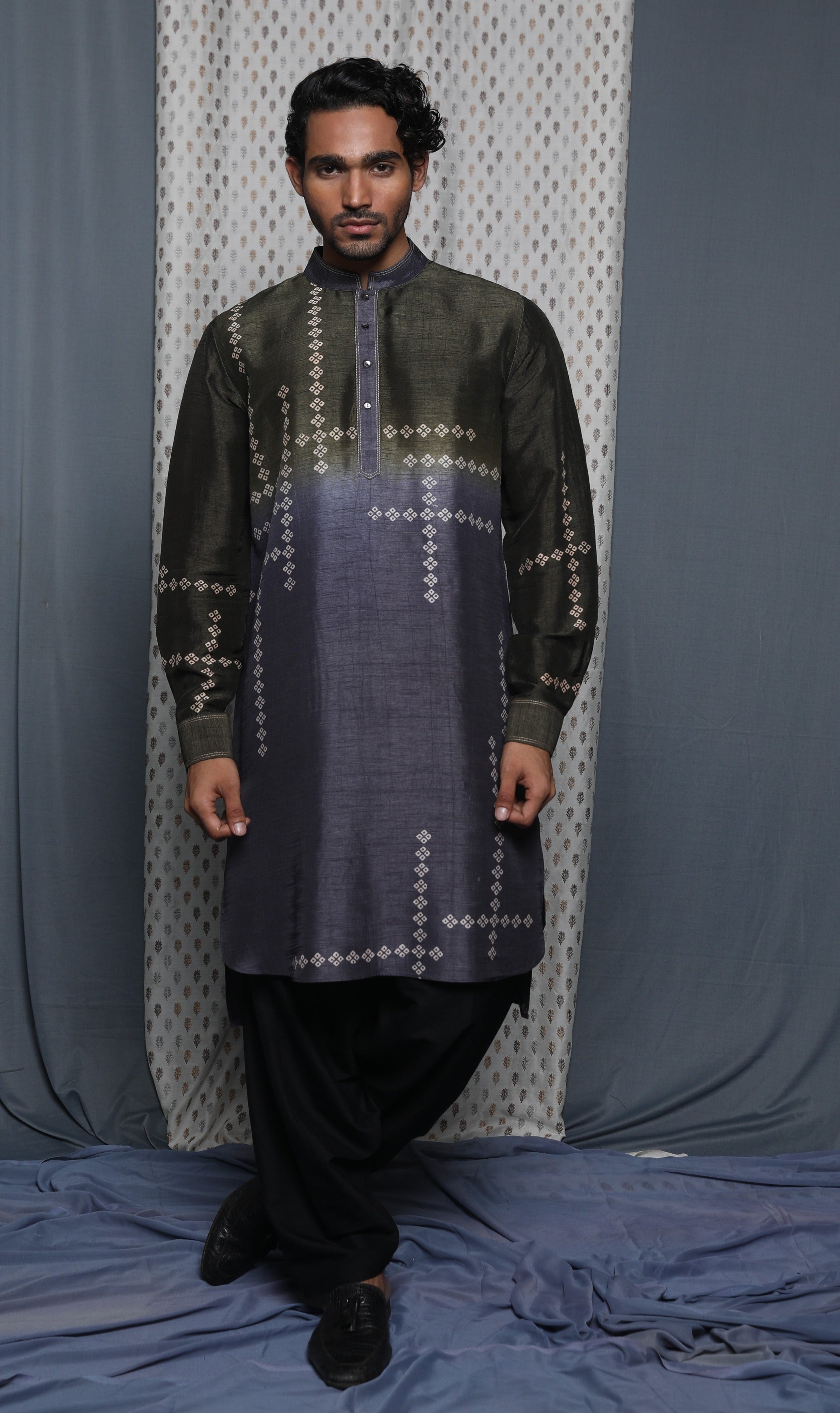 Olive grey shaded printed kurta