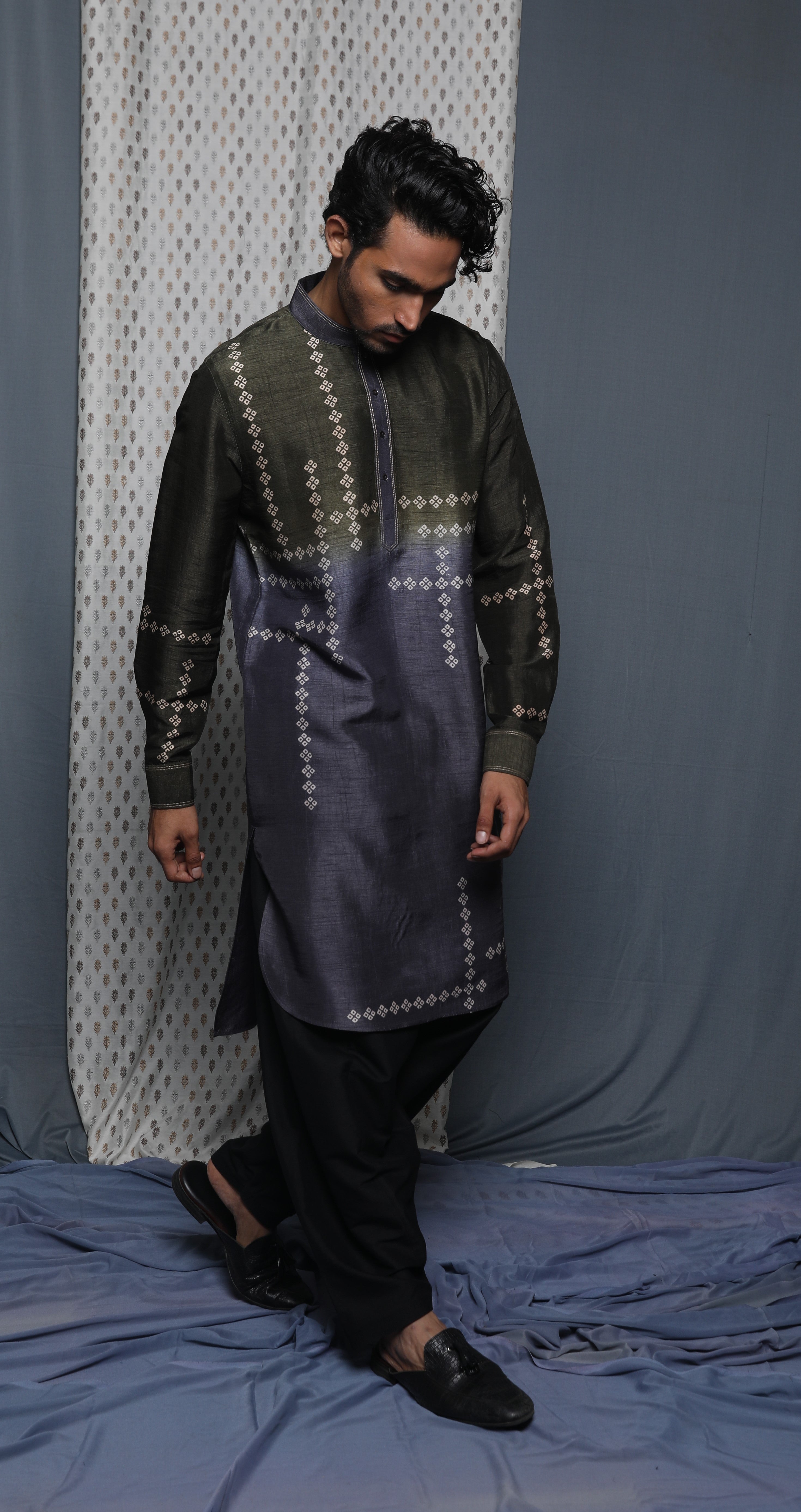 Olive grey shaded printed kurta