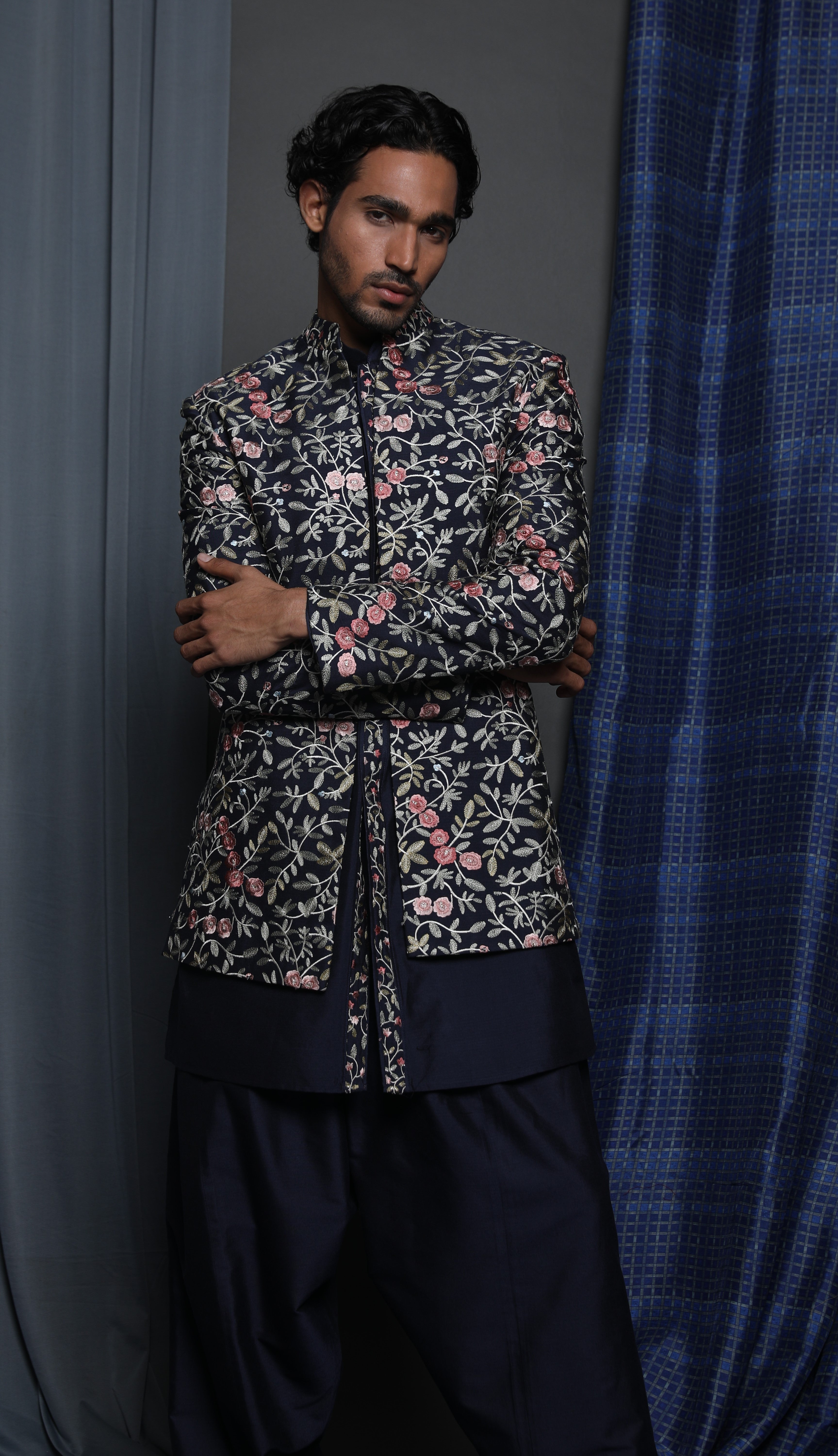 Navy all over emb open sherwani