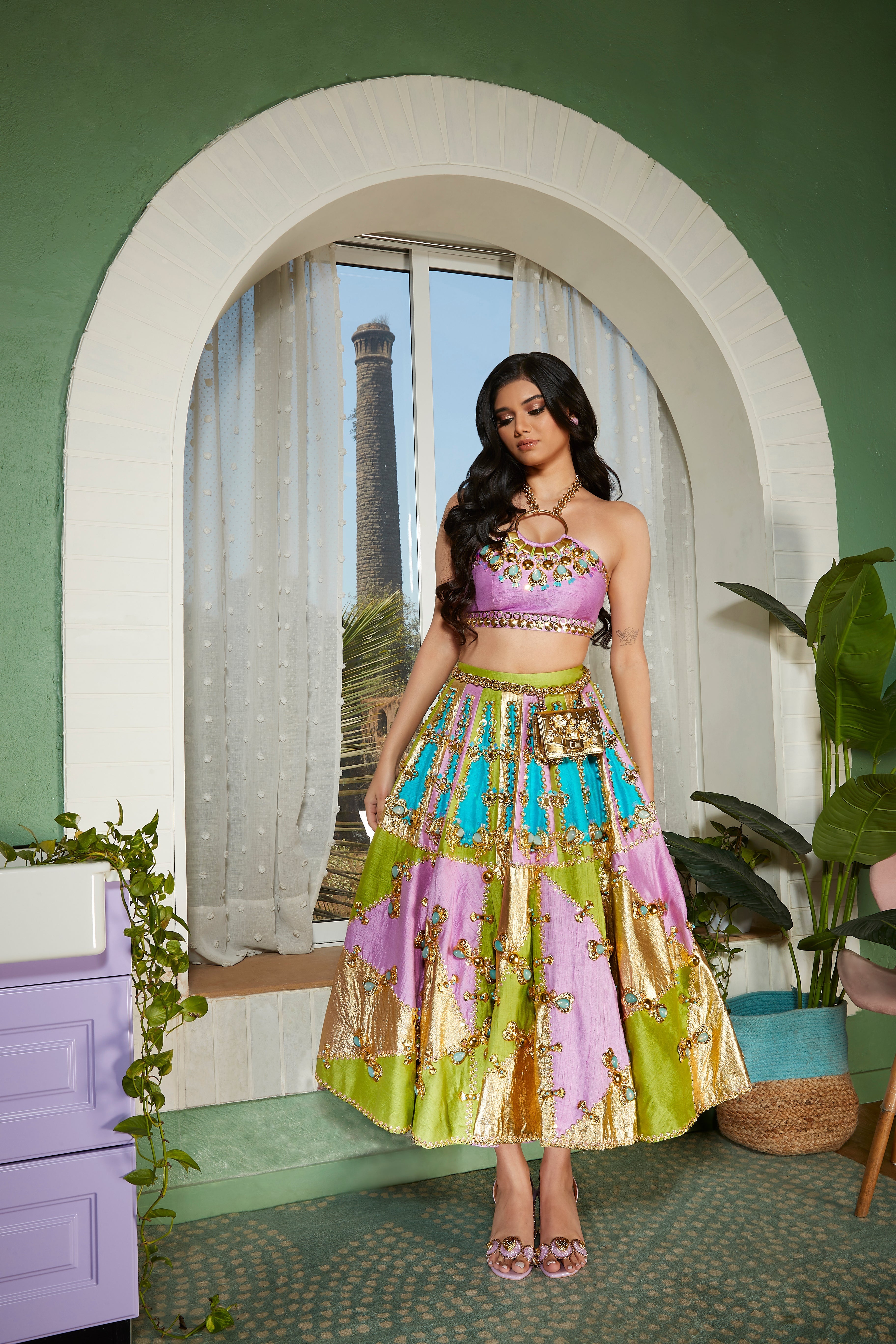 TWILIGHT- Tri-coloured panel embellished half lehenga set