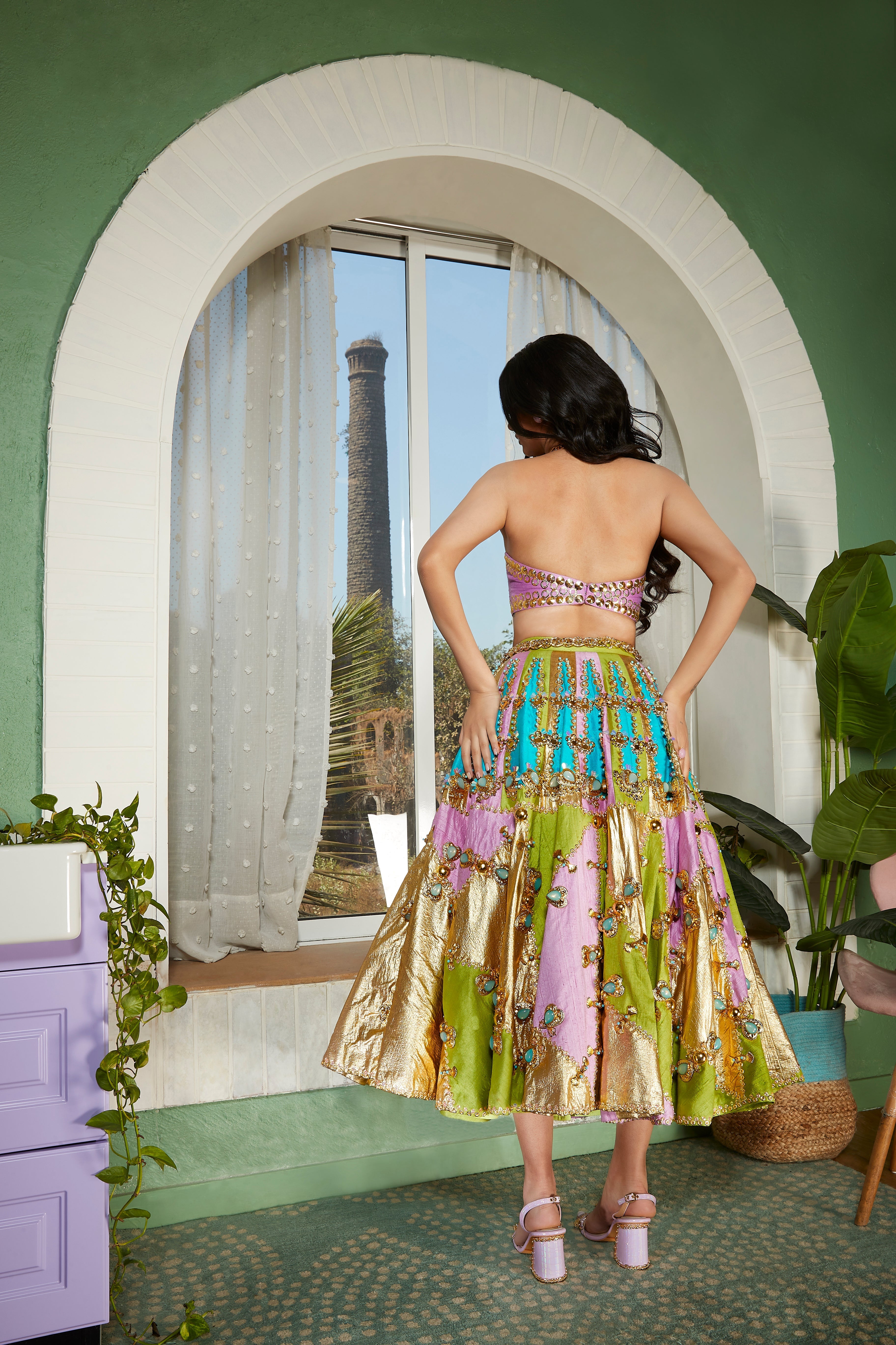 TWILIGHT- Tri-coloured panel embellished half lehenga set