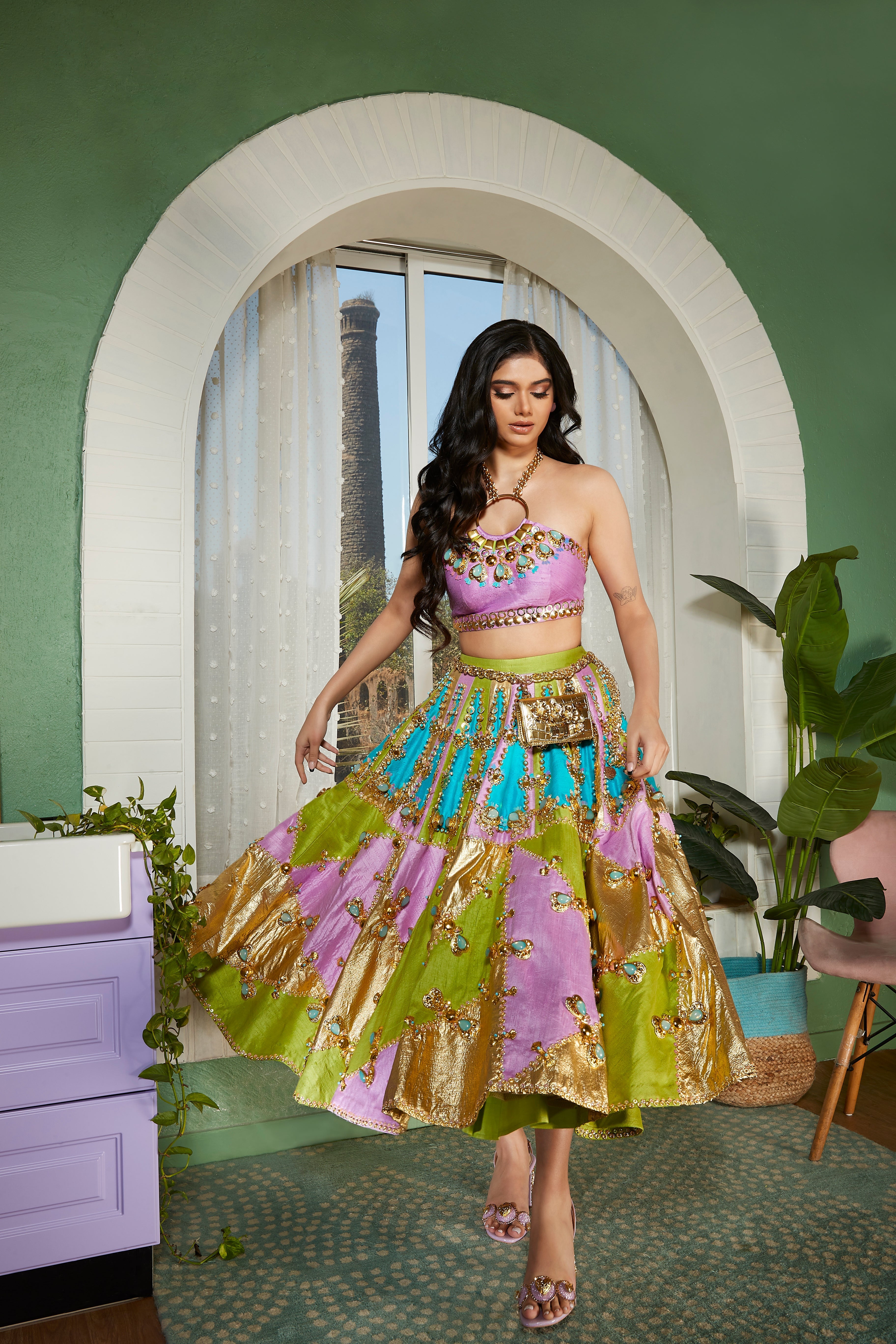 TWILIGHT- Tri-coloured panel embellished half lehenga set