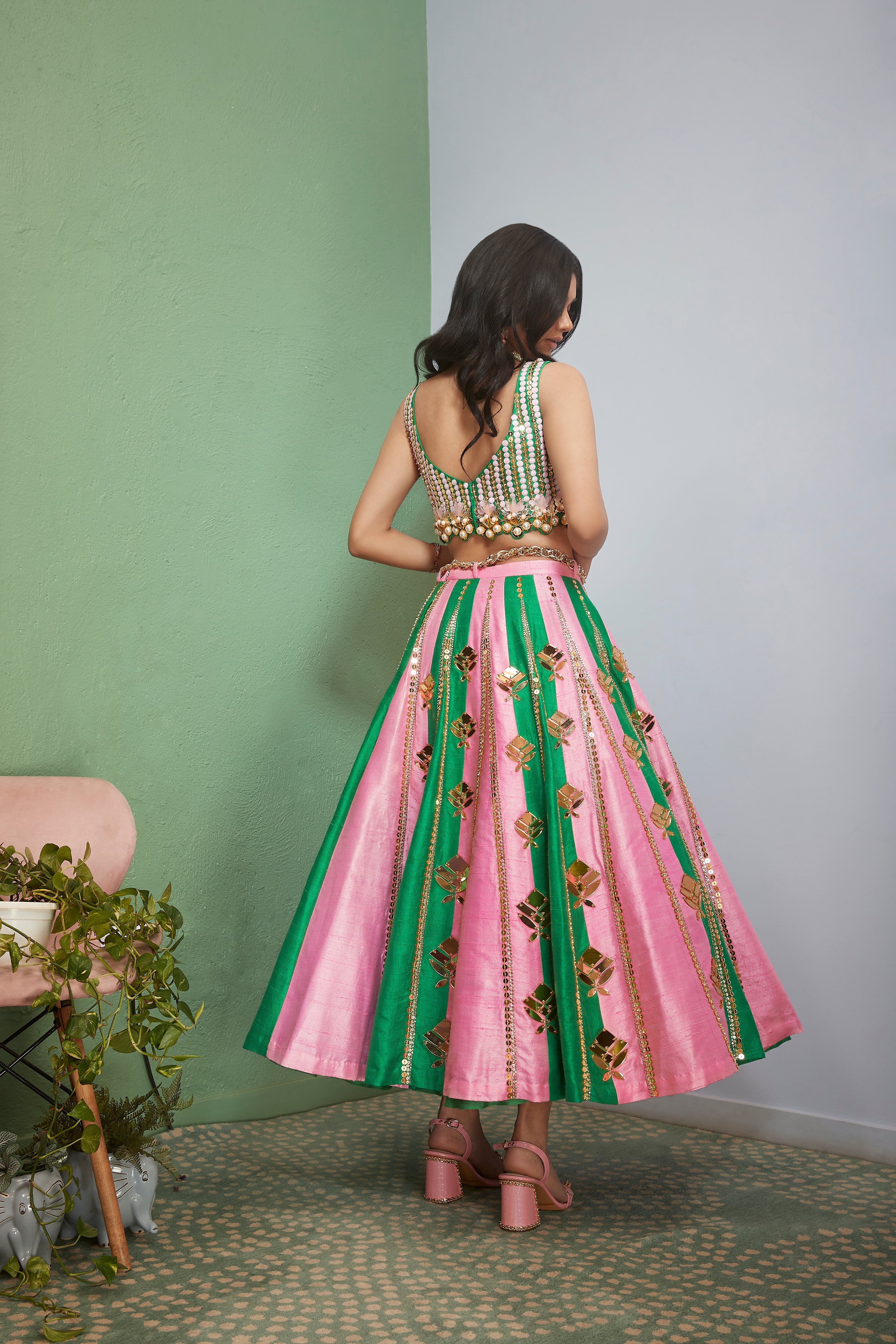 PINK AND GREEN STRIPS HALF LEHENGA WITH BLOUSE