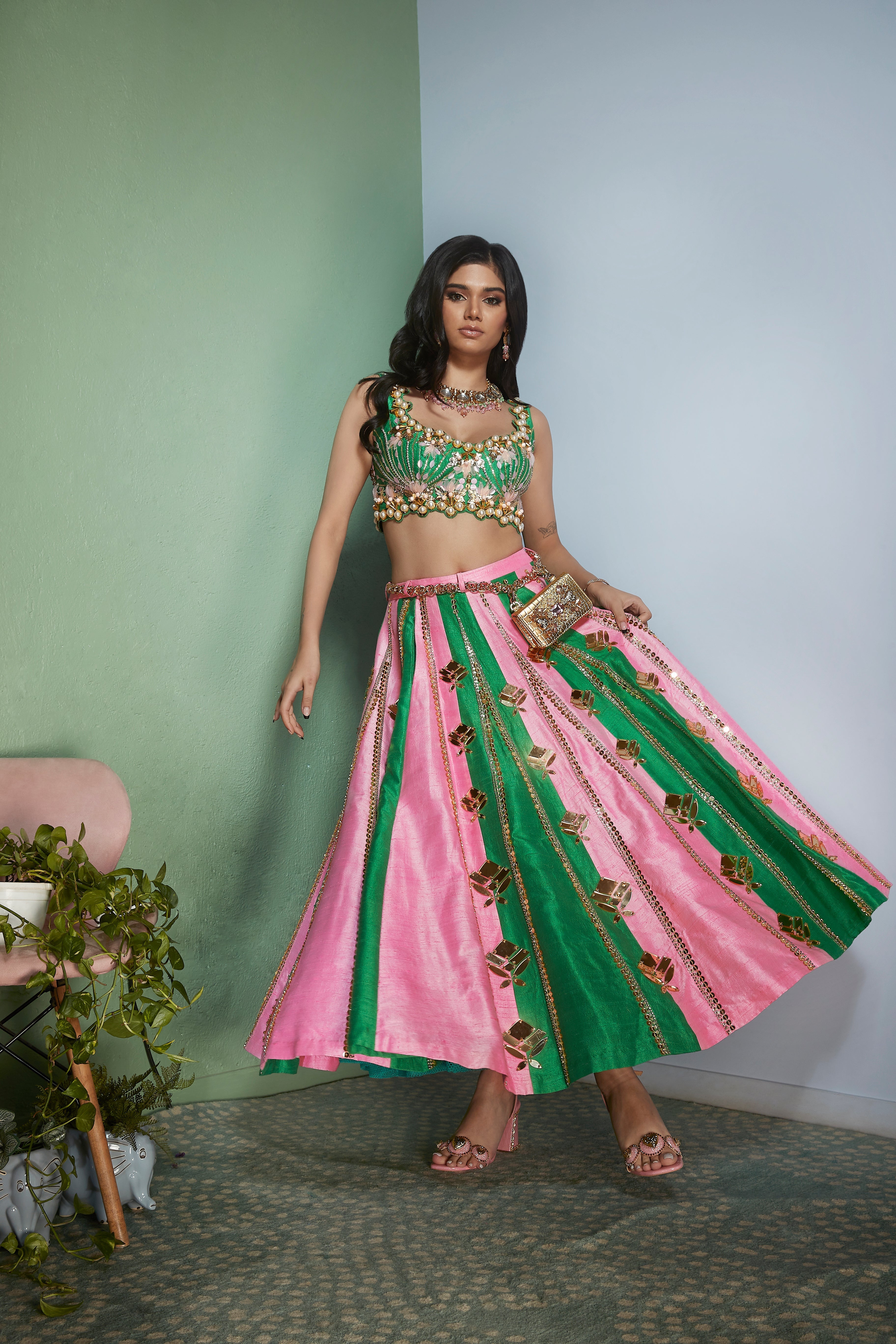 PINK AND GREEN STRIPS HALF LEHENGA WITH BLOUSE