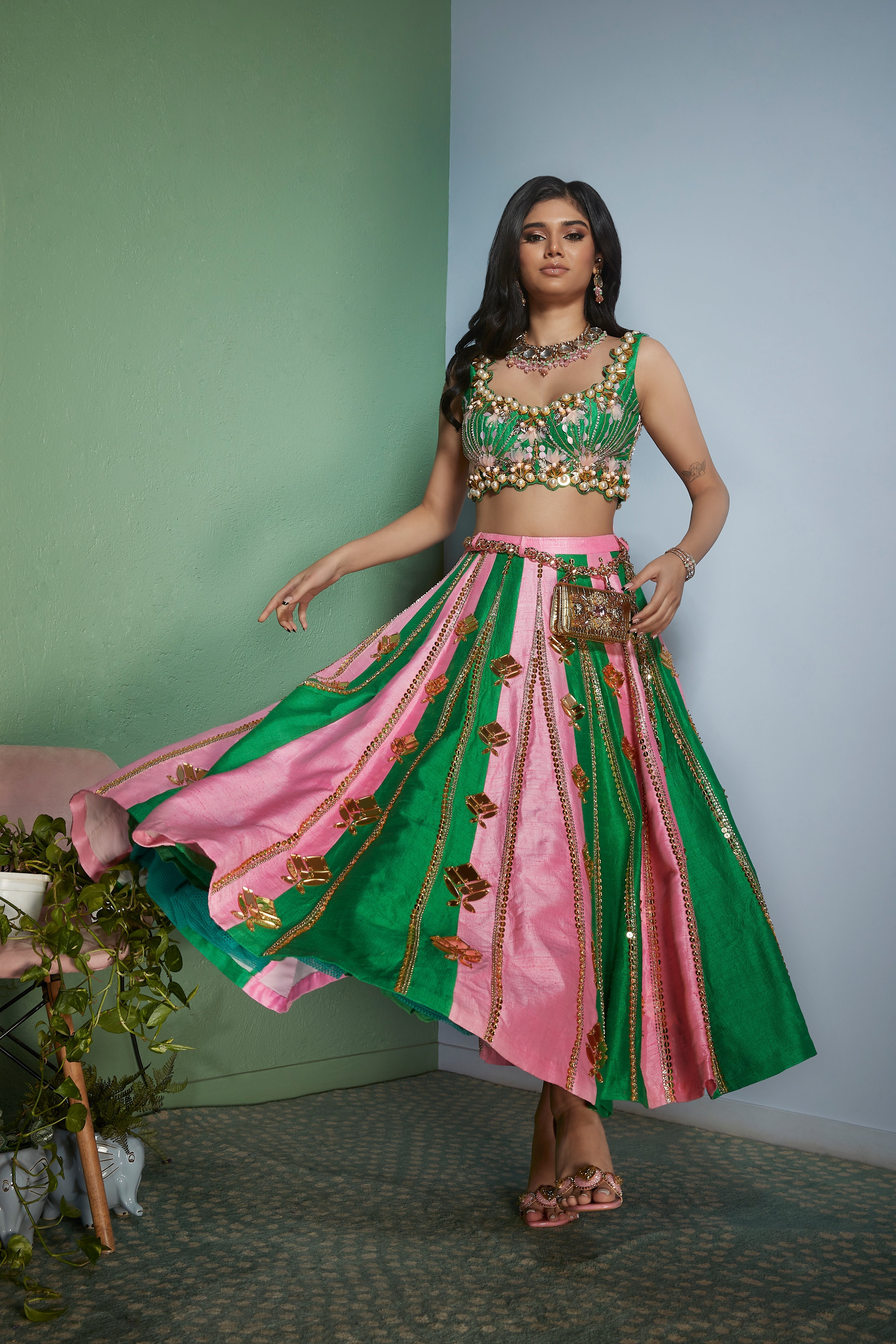 PINK AND GREEN STRIPS HALF LEHENGA WITH BLOUSE