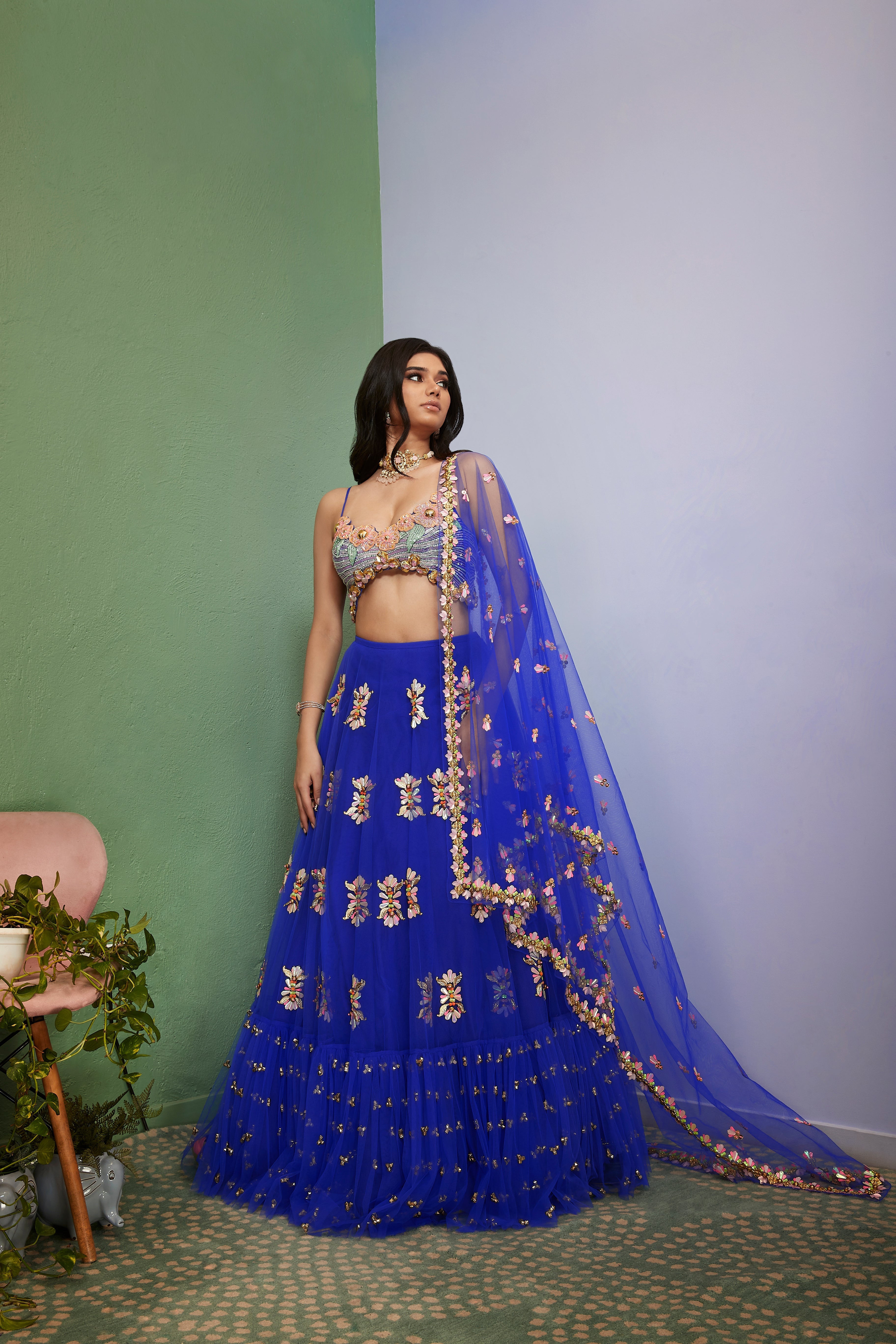 ARTWORQ: BLUE EMBELLISHED  FULL LEHENGA SET